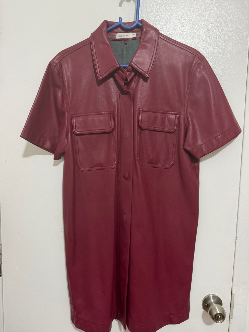 Avec Les Filles Burgundy Short-Sleeve Leather Button-Down Shirt Dress